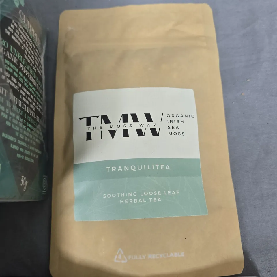 LOT OF ASSORTED TEA AND COFFEE ITEMS TO INCLUDE CLIPPER PEPPERMINT TEA AND THE MOSS WAY HERBAL TEA