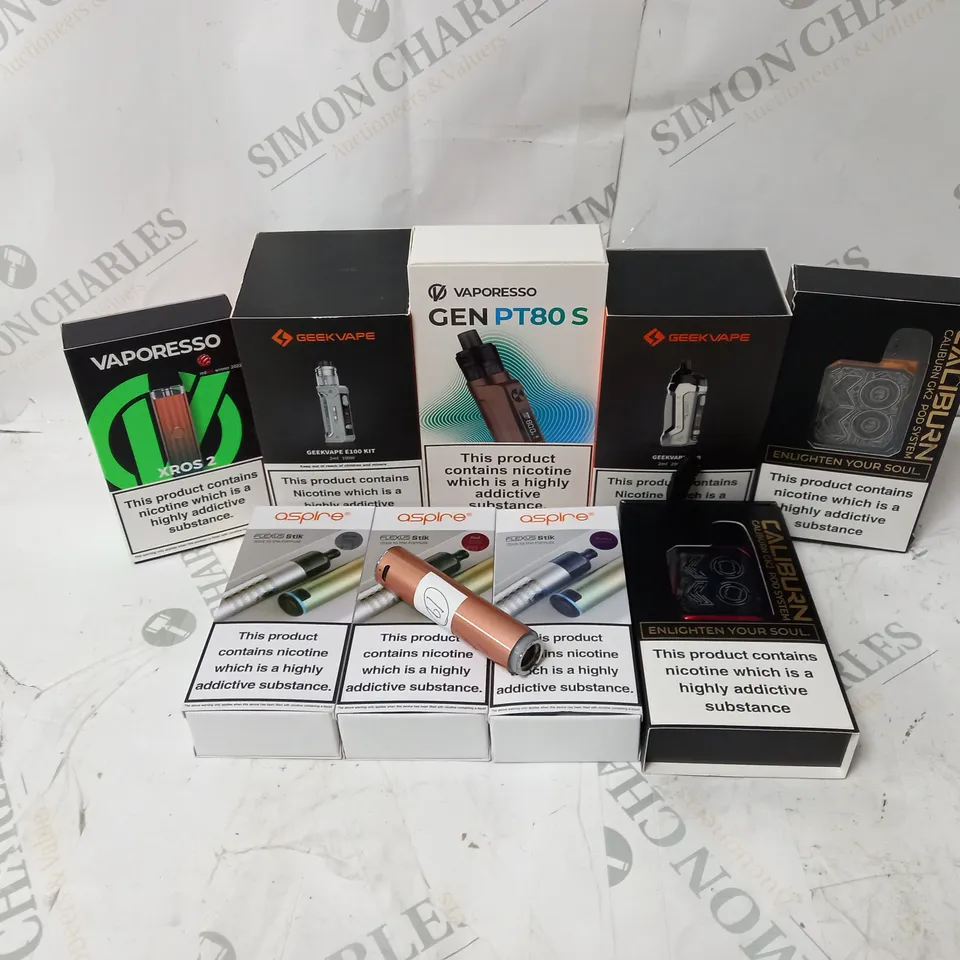 BOX OF APPROXIMATELY 10 ASSORTED E-CIG PRODUCTS TO INCLUDE VAPORESSO, GEEKVAPE, UWELL CALIBURN 