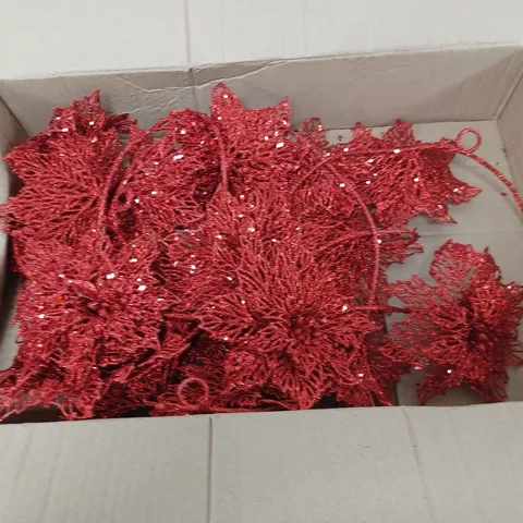 BOXED RED GLITTERY FLOWER DECORATIONS