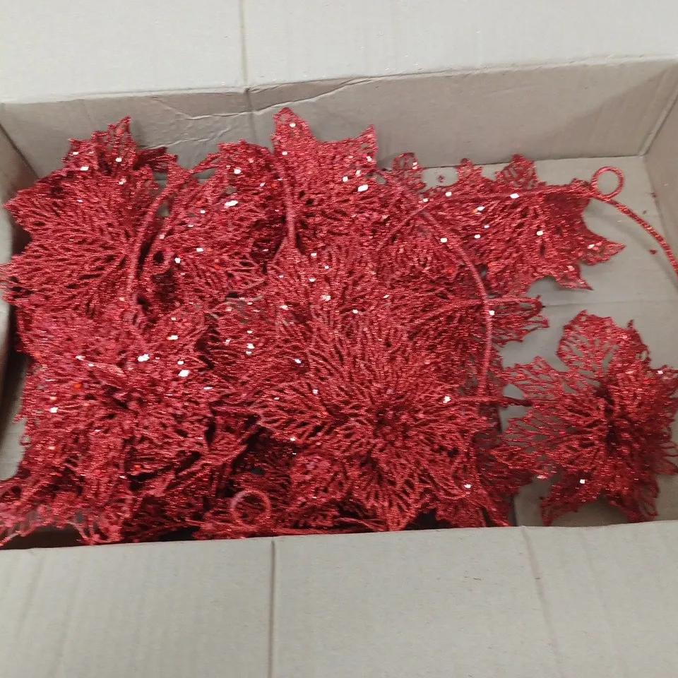 BOXED RED GLITTERY FLOWER DECORATIONS
