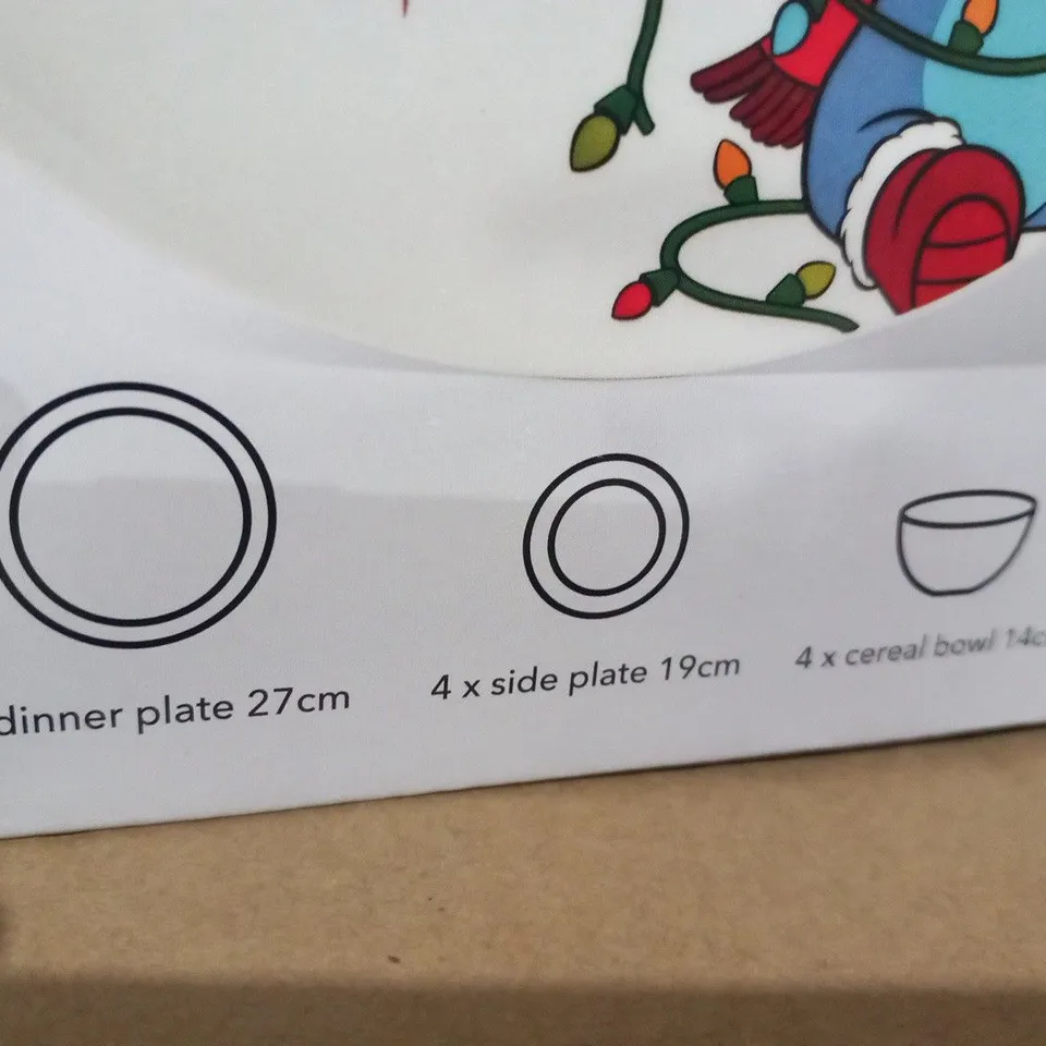 TWO BRAND NEW BOXED DISNEY LILO AND STITCH 12 PIECE CHRISTMAS DINNER SETS TO INCLUDE; 4 DINNER PLATES, 4 SIDE PLATES AND 4 CEREAL BOWLS