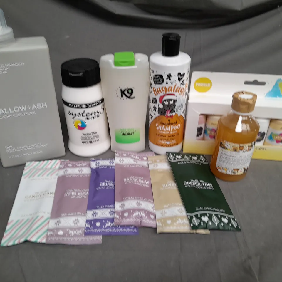 BOX OF ASSORTED HOUSEHOLD ITEMS TO INCLUDE ACRYLIC PAINTS, DOG SHAMPOO AND TALLOW+ASH