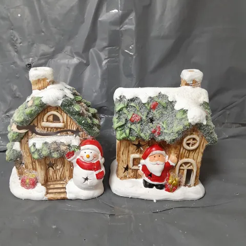 FESTIVE SET OF 2 LIT CERAMIC SANTA/SNOWMAN HOUSE CHRISTMAS DECORATIONS 