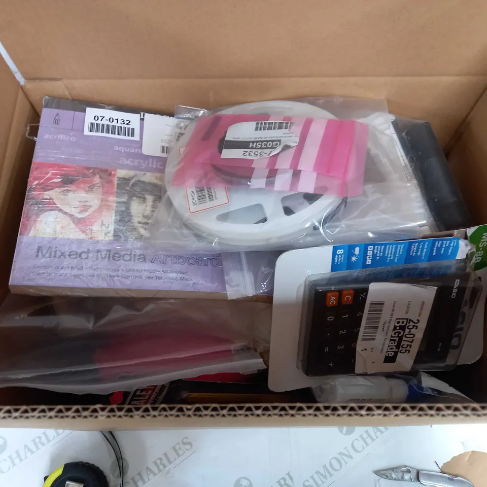 BOX OF APPROX 15 ASSORTED ITEMS TO INCLUDE - CASIO CALCULATOR - LOCTITE INSTAND ADHESIVE - ROLSON MULTI FUNCTION TESTER ECT 