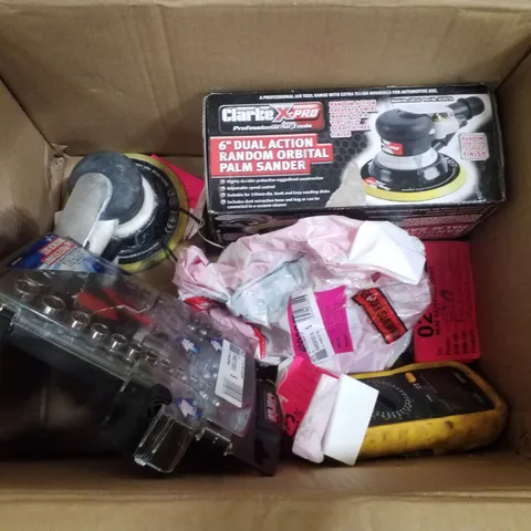 BOX CONTAINING 6 ASSORTED PRODUCTS INCLUDING 6" DUAL ACTION RANDOM ORBITAL PALM SANDER, 45 PIECE STUBBY WRENCH SET & DIGITAL MULTIMETER – 8 FUNCTION