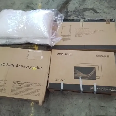 PALLET CONTAINING ASSORTED PRODUCTS INCLUDING KIDS SENSORY, 2-TIER MULTIFUNCTIONAL BAMBOO GARMENT LAUNDRY RACK, 27" MONITOR, PILLOWS & SNOOKER CUE