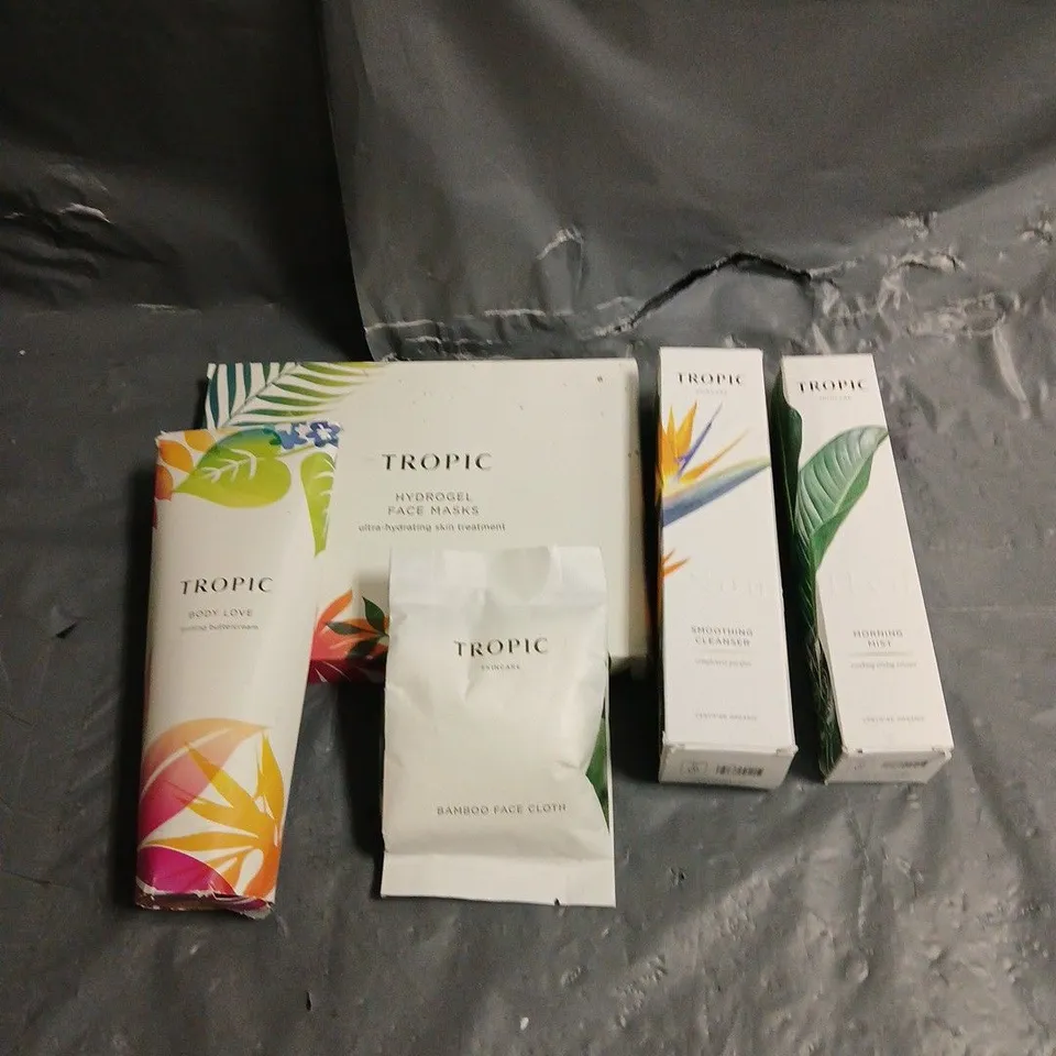 TROPIC SKINCARE LOT OF 5 ASSORTED PRODUCTS TO INCLUDE - MORNING MIST SOOTHING TONING ESSENCE - SMOOTHING CLEANSER - HYROGEL FACE MASKS - ETC