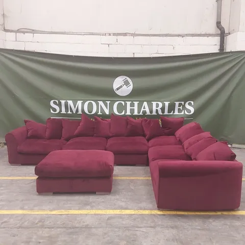 QUALITY DESIGNER EX DISPLAY LARGE VELVET CORNER SOFA WITH FOOTSTOOL - WINE RED 