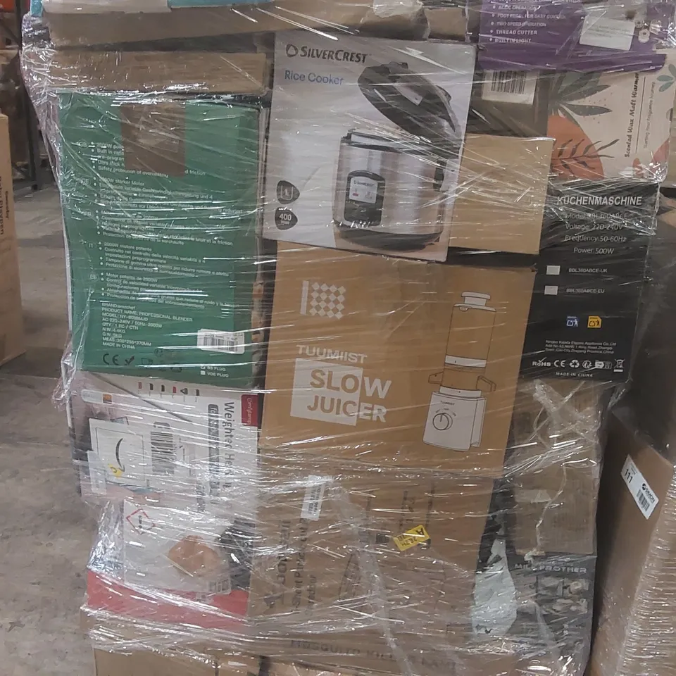 PALLET CONTAINING A VERY LARGE QUANTITY OF ASSORTED ITEMS INCLUDING: SLOW JUICER, RICE COOKER, MINI SEWING MACHINE, SILVERCREST SMOOTHIE MAKERS, MILK BROTHER ECT