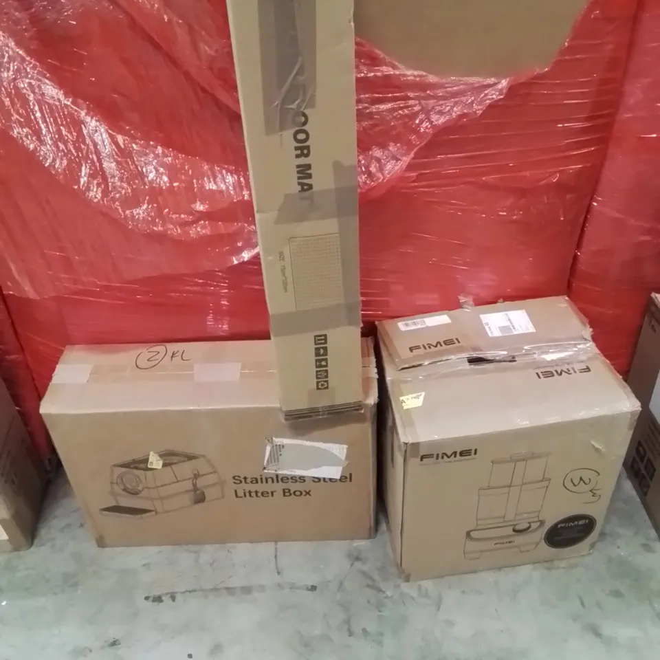 PALLET OF ASSORTED HOUSEHOLD GOODS AND PRODUCTS TO INCLUDE;STAINLESS STEEL LITTER BOX,FLOOR MAT,FOOD PROCESSOR