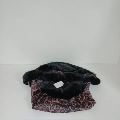 A BOX OF APROXIMATELY 18 LEOPARD PRINT SHAWLS BLACK FAUX FUR TRIM