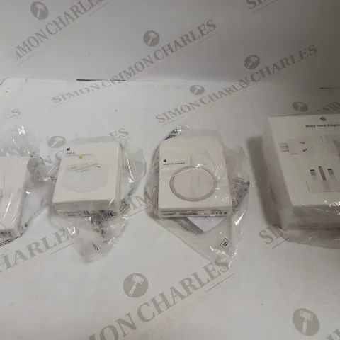 LOT OF APPLE WORLD TRAVEL ADAPTER KIT, APPLE MAGSAFE CHARGER, APPLE 20W POWER ADAPTER, AND APPLE USB-C TO LIGHTNING 