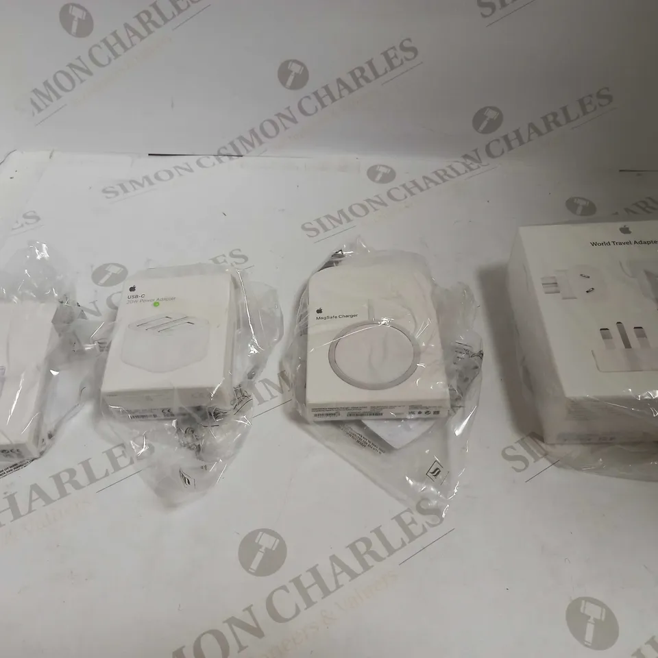 LOT OF APPLE WORLD TRAVEL ADAPTER KIT, APPLE MAGSAFE CHARGER, APPLE 20W POWER ADAPTER, AND APPLE USB-C TO LIGHTNING