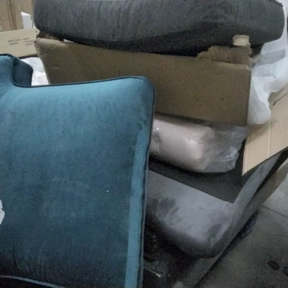 PALLET OF ASSORTED BED FURNITURE PARTS INCLUDING VELVET HEADBOARDS, SOFA SEAT CUSHIONS, BUNK BED PARTS
