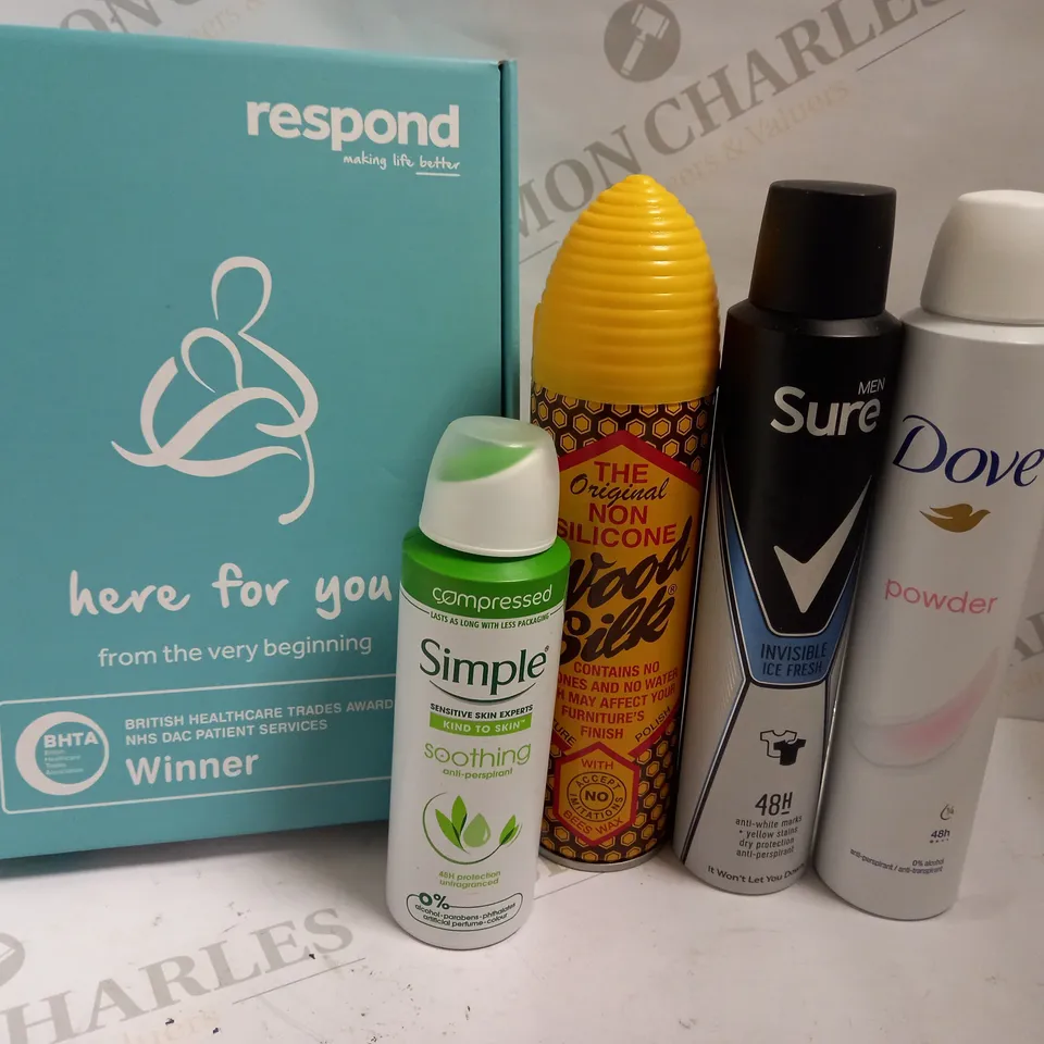 BOX OF APPROX 10 ASSORTED AEROSOLS INCLUDING WOOD SILK, DOVE DEODORANT AND SIMPLE ANTI PERSPIRANT - COLLECTION ONLY