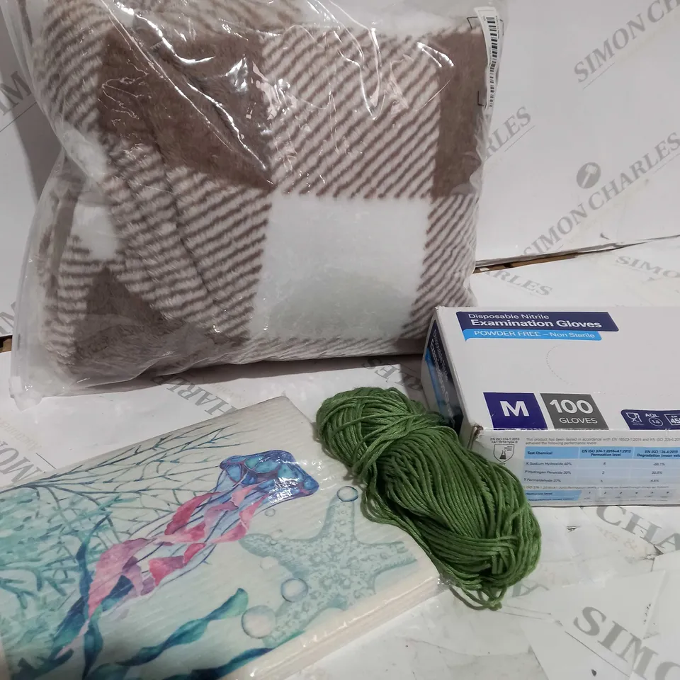 box of assorted items approximately 15 to include dressing gown, pillow, vinyl gloves etc