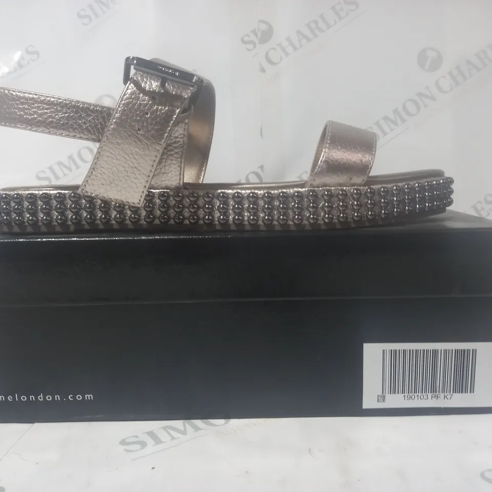 BOXED PAIR OF DUNE LONDON STUDDED PEWTER SANDALS - SIZE 7