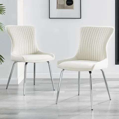 BOXED SET OF 2 NORA VELVET DINING CHAIRS - CREAM VELVET & SILVER LEGS (1 BOX)
