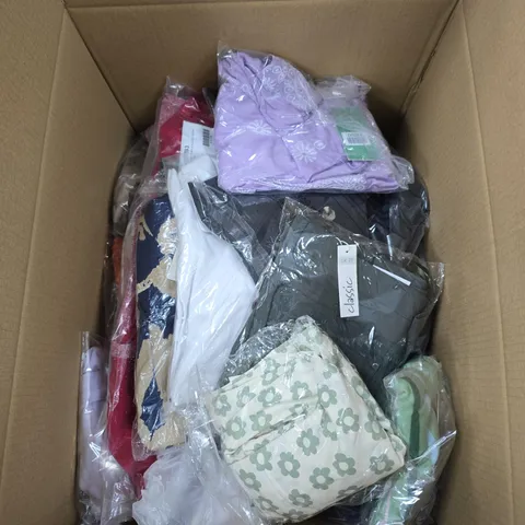 BOX OF APPROXIMATELY 15 ASSORTED CLOTHING ITEMS IN VARIOUS SIZES, STYLES AND COLOURS