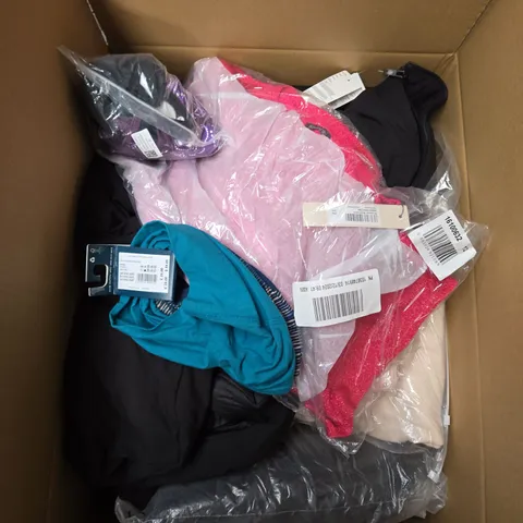 LARGE BOX OF ASSORTED CLOTHING ITEMS IN VARIOUS SIZES, STYLES AND COLOUR 