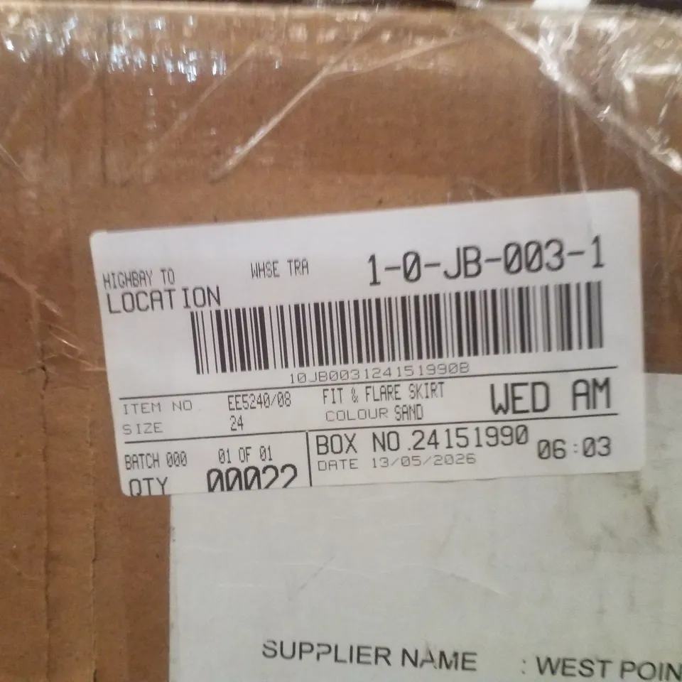 BOX CONTAINING APPROXIMATELY 22X BRAND NEW JD WILLIAMS FIT AND FLARE SKIRTS - COLOUR SAND - SIZE 24