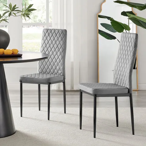 BOXED SET OF 4 MILAN GREY HATCHED VELVET DINING CHAIRS WITH BLACK LEGS (1 BOX)