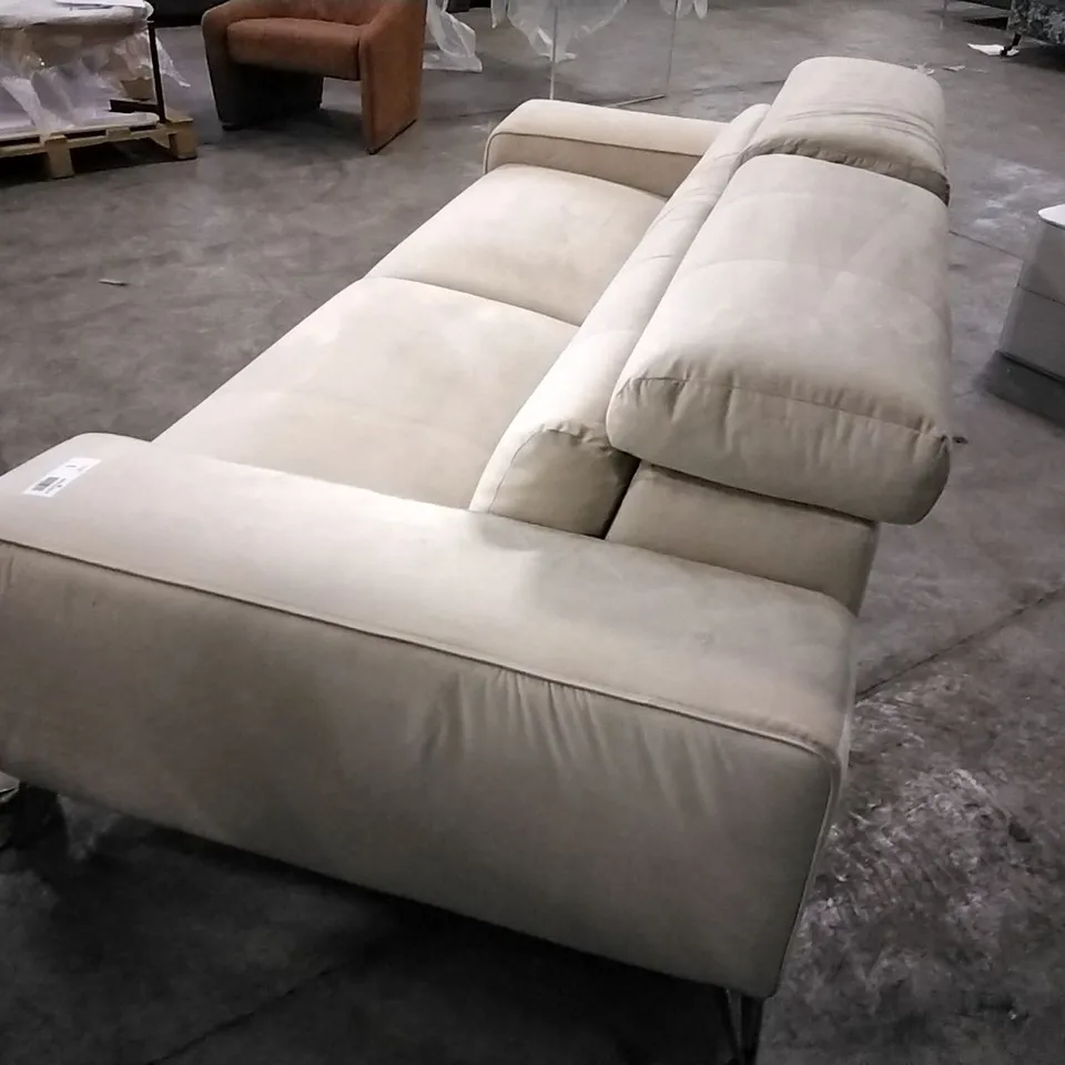 BRAND NEW ITALIAN MADE MARINELLI AZIMUT THREE SEATER BEIGE VELVET SOFA WITH ADJUSTABLE HEADRESTS  RRP £2665