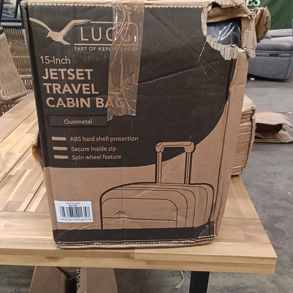 BOXED KEPLIN LUGG 15 INCH JETSET TRAVEL CABIN BAG GUNMETAL COLOUR