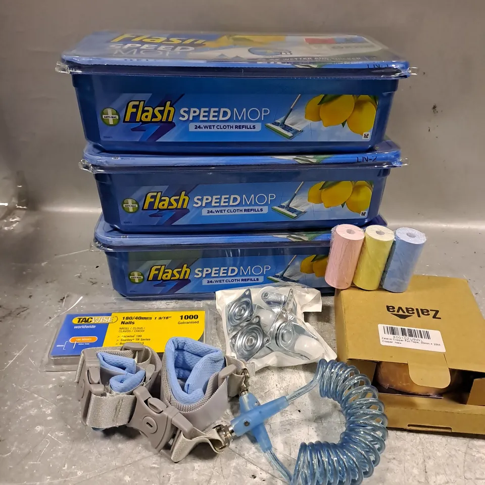 ASSORTED HOUSEHOLD ITEMS TO INCLUDE FLASH SPEED MOP CLOTHS, TACWISE NAILS, COPPER FOIL TAPE, ETC 