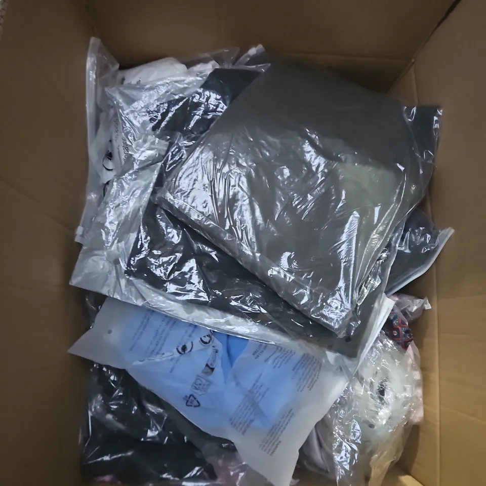 LARGE BOX OF APPROXIMATELY 25 ASSORTED CLOTHING ITEMS IN VARIOUS COLOURS, STYLES AND SIZES - COLLECTION ONLY