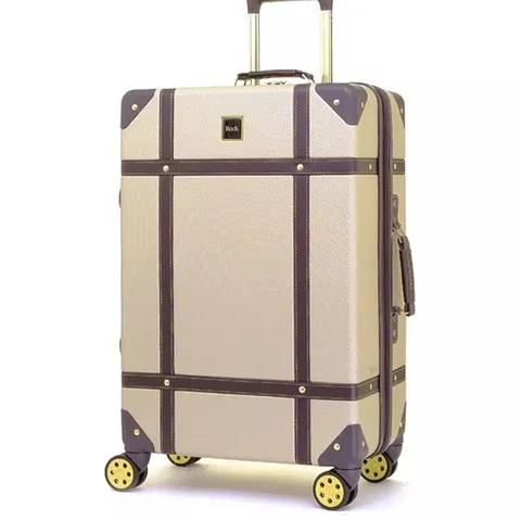 BOXED ROCK LUGGAGE VINTAGE 8 WHEEL RETRO STYLE HARDSHELL MEDIUM SUITCASE - GOLD