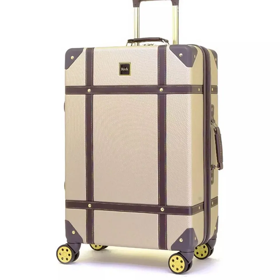 BOXED ROCK LUGGAGE VINTAGE 8 WHEEL RETRO STYLE HARDSHELL MEDIUM SUITCASE - GOLD RRP £115