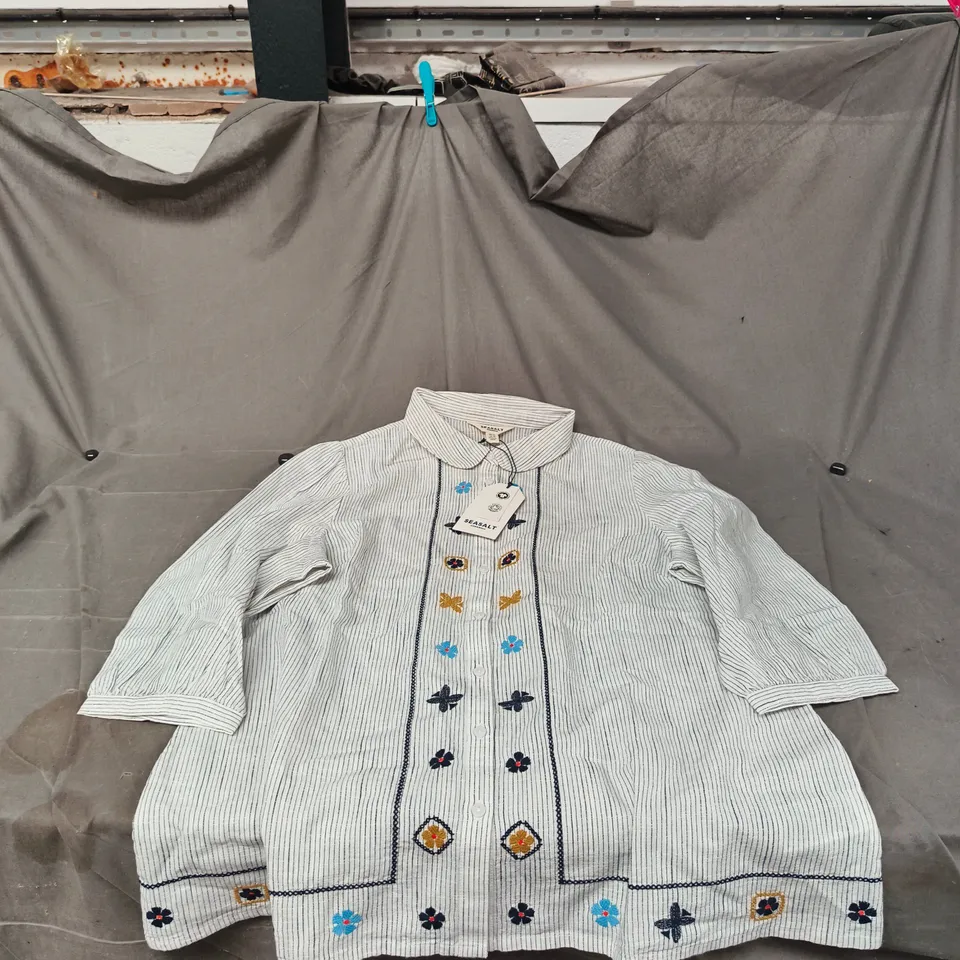 SEASALT CORNWALL HOPE COTTAGE EMBROIDERED BLOUSE STRIPE CHALK MARITIME SIZE 14 TAGGED RRP £59.95