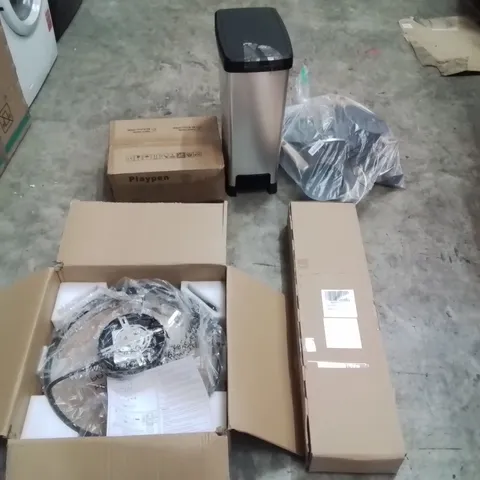 PALLET CONTAINING ASSORTED ITEMS TO INCLUDE: LED FAN LIGHT, ARTIFICIAL CHRISTMAS TREE, PLAYPEN, PAN SET, BIN ECT