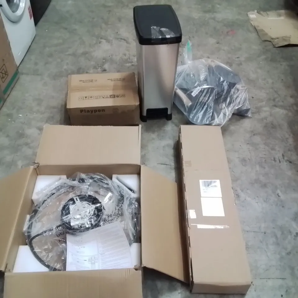 PALLET CONTAINING ASSORTED ITEMS TO INCLUDE: LED FAN LIGHT, ARTIFICIAL CHRISTMAS TREE, PLAYPEN, PAN SET, BIN ECT