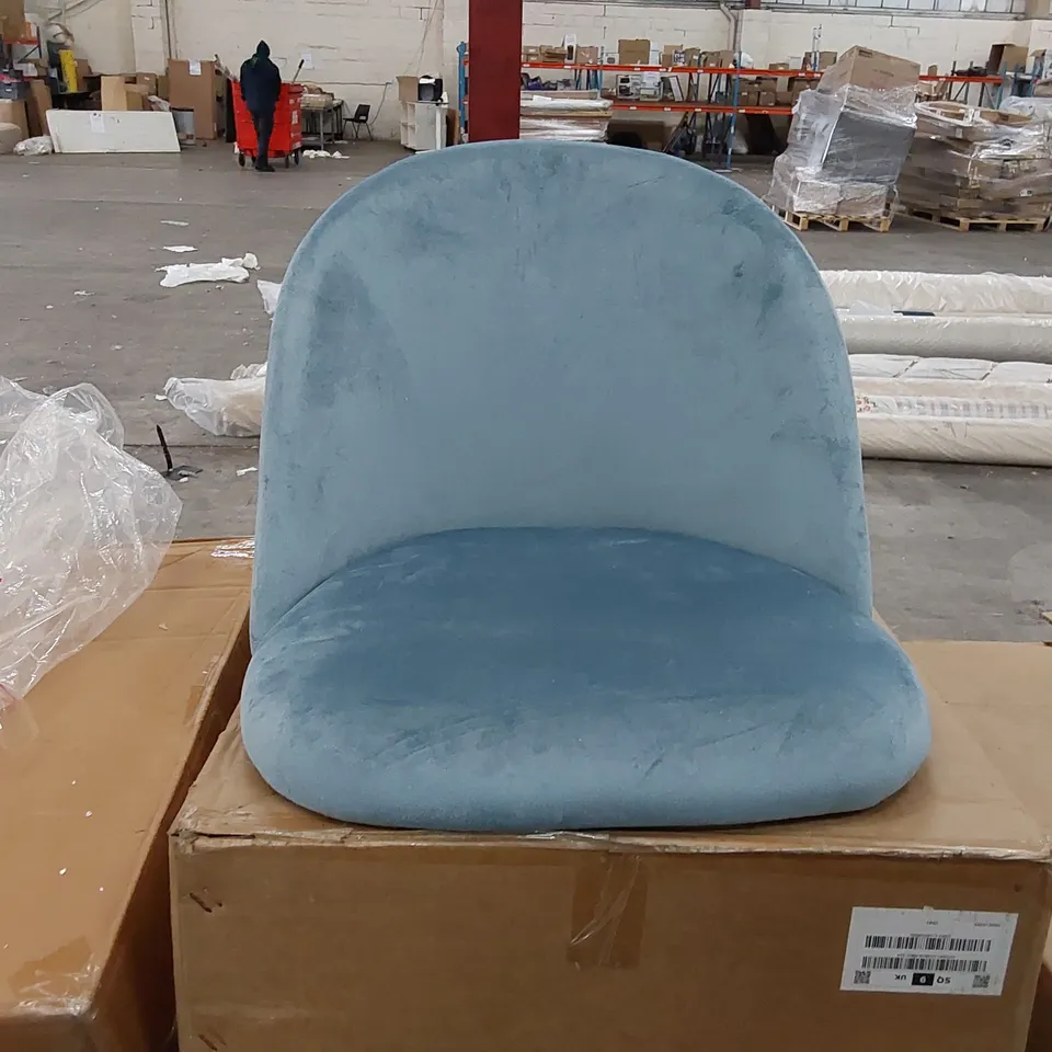 BOXED 2 DESIGNER LIGHT BLUE SUEDE CHAIRS (1 BOX)