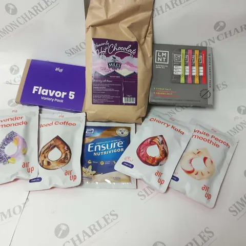 EIGHT ASSORTED PRODUCTS TO INCLUDE; MILES HEAVENLY HOT CHOCOLATE 1KG, LMNT ELECTROLYTE DRINK MIX, AIR UP PODS AND ENSURE NUTRIVIGOR