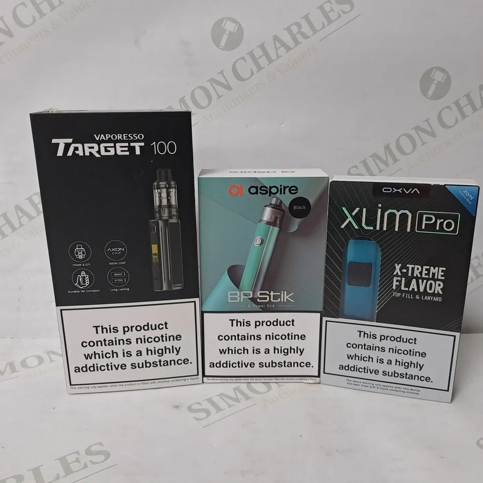 3 BOXED VAPE KITS TO INCLUDE VAPORESSO TARGET 100, ASPIRE BP STIK, OXVA XLIM PRO 