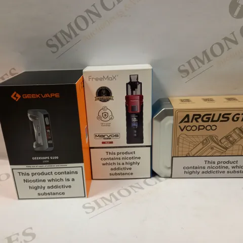 BOX OF APPROXMATELY 28 E-CIGARETTES AND LIQUIDS TO INCLUDE VOOPOO ARGUS GT II KIT, FREEMAX MARVOS 60W KIT, GEEKVAPE S100, ETC