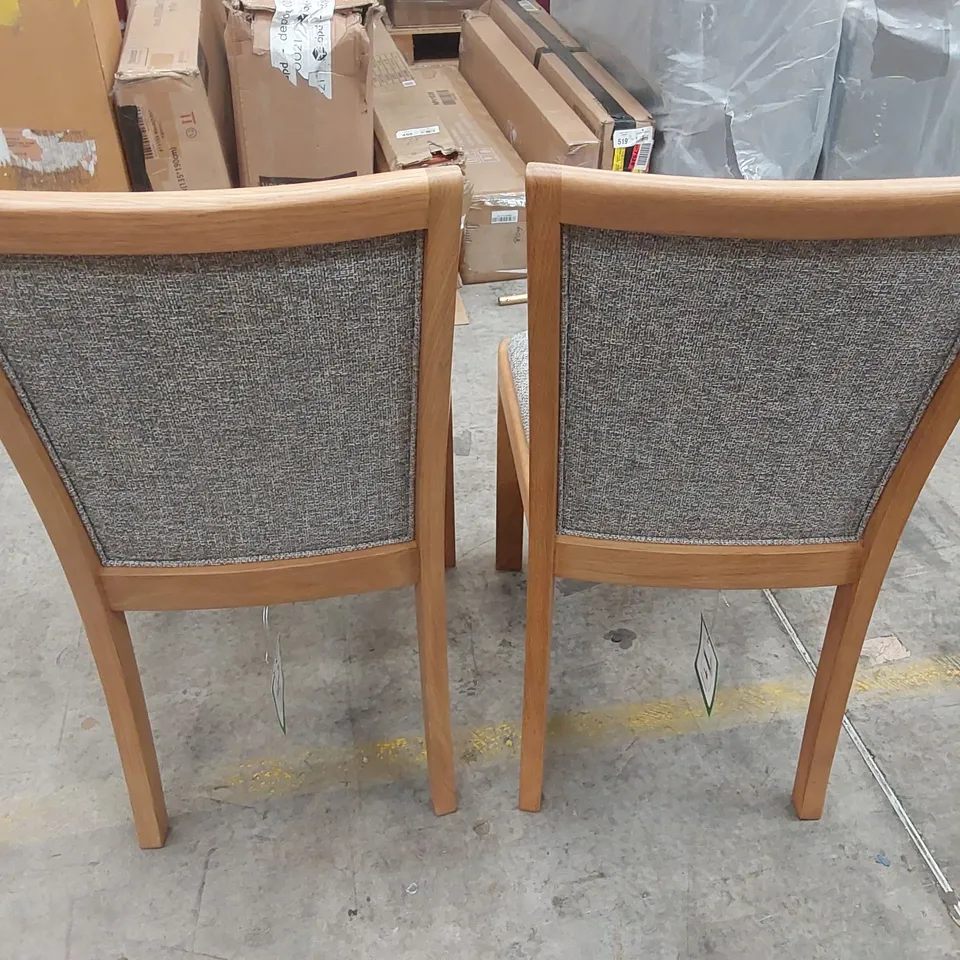 PAIR OF DESIGNER SOLID WOOD DINING CHAIRS WITH FABRIC WEAVE PADDING