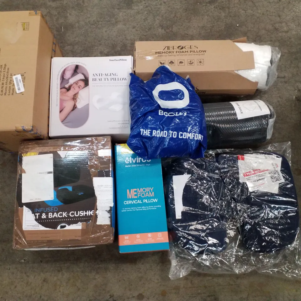 PALLET OF ASSORTED PILLOWS & CUSHIONS INCLUDING ANTI-AGING BEAUTY PILLOW, MEMORY FOAM PILLOW, CERVICAL PILLOW, SEAT & BACK CUSHION, READING PILLOW