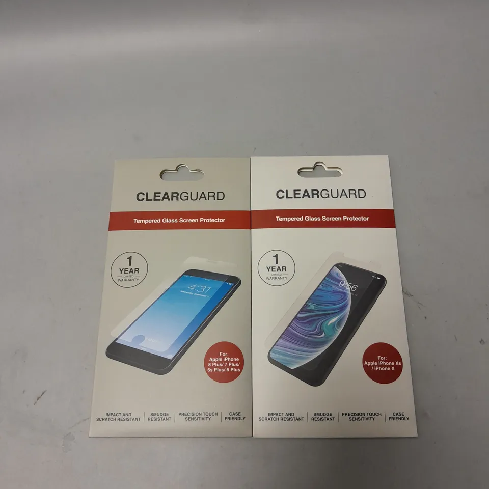 BOX OF APPROXIMATELY 200 BRAND NEW CLEARGUARD TEMPERED GLASS SCREEN PROTECTORS FOR APPLE IPHONE XS/IPHONE X AND APLE IPHONE 8 7 6 PLUS 