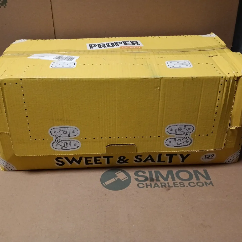 BOX OF APPROXIMATELY 22 X PROPER CORN SWEET AND SALTY POPCORN 30G