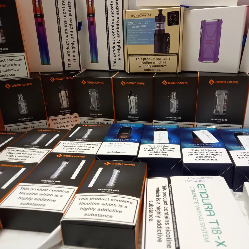 LOT OF APPROX 29 TO INCLUDE GEEKVAPE L200 , ENDURA T18II , INNOKIN COOL FIRE Z60 , INNOKIN ENDURA T18-X VAPING SYSTEM , ETC