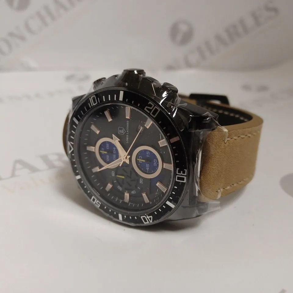 BOXED LOUIS LACOMBE LUXURY MENS CHRONOGRAPH WATCH - 3ATM WATER RESISTANT - LEATHER STRAP 