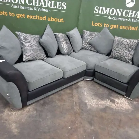 DESIGNER HILTON VIPER BLACK AND GRACELANDS GRAPHITE FABRIC CORNER SOFA WTH SCATTER CUSHIONS