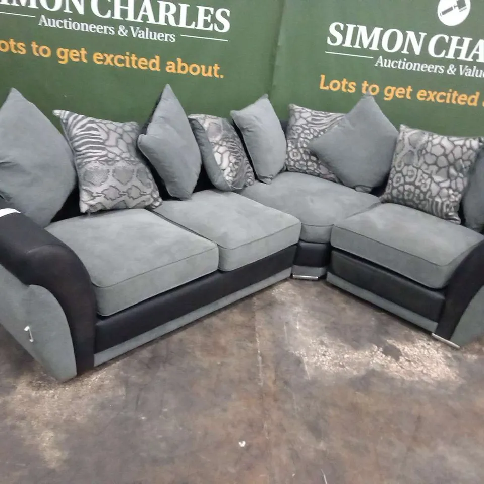 DESIGNER HILTON VIPER BLACK AND GRACELANDS GRAPHITE FABRIC CORNER SOFA WTH SCATTER CUSHIONS