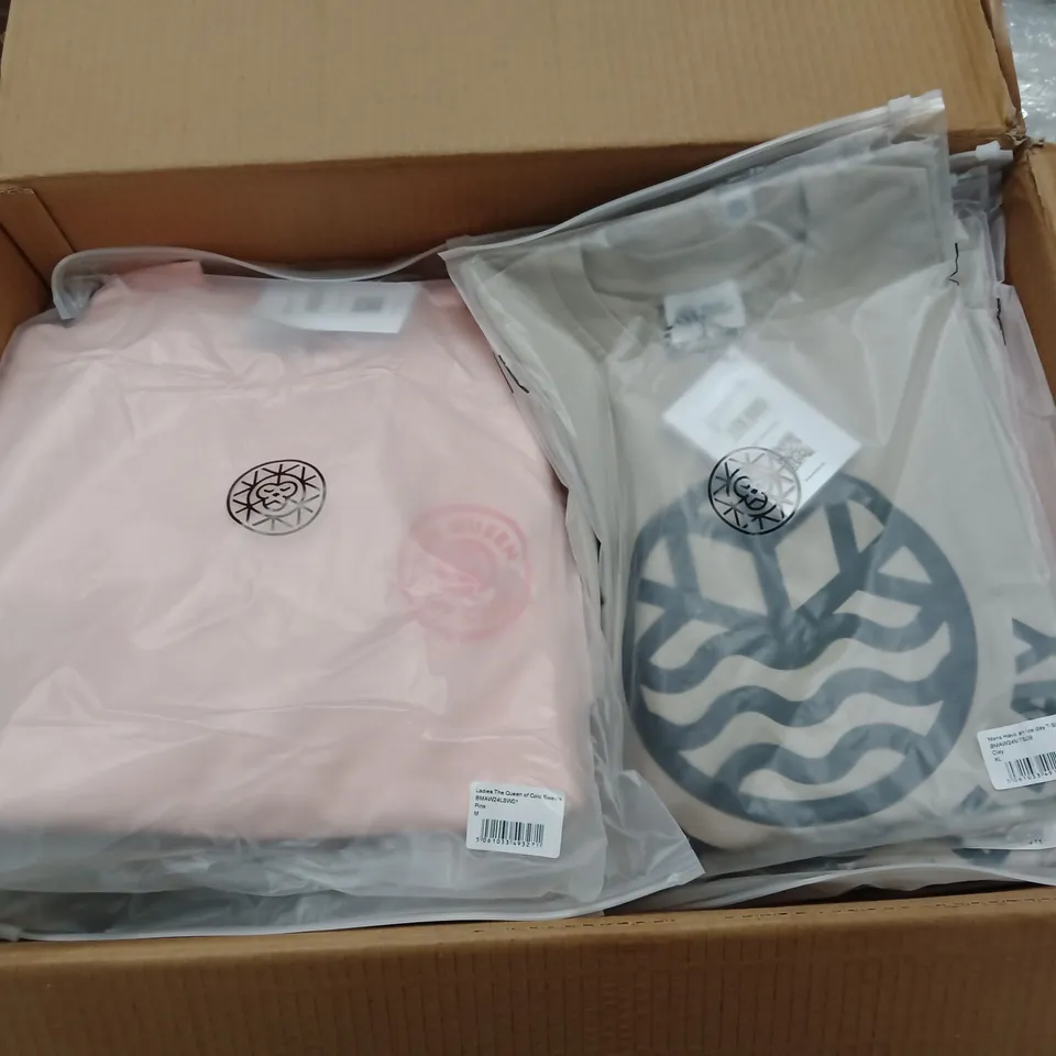 BOX OF MIXED ASSORTMENT OF BRAND NEW BRASS MONKEY CLOTHING ITEMS INCLUDING - HOODIES, SWEATERS, T-SHIRTS, joggers - MIXED SIZES - APPROXIMATELY 28 ITEMS