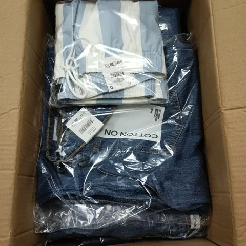 BOX OF APPROXIMATELY 20 ASSORTED CLOTHING ITEMS IN VARIOUS STYLES , COLOURS AND SIZES 