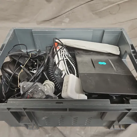 TOTE OF APPROXIMATELY 10 ASSORTED HOUSEHOLD ITEMS TO INCLUDE WIFI ROUTERS, ASSORTED CABLES AND REMOTE CONTROLS